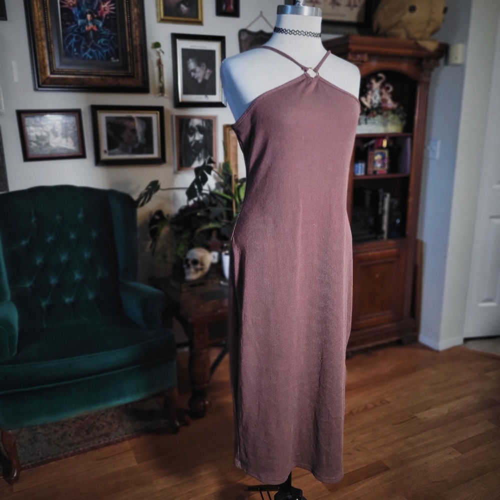 Say What Dress Womens 2X Mauve Ribbed Halter Midi Bodycon Side Slit Stretch Knit
